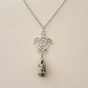 Dalmatian Silver Turtle Pendant Necklace, Handmade, Real Stone, Gift
